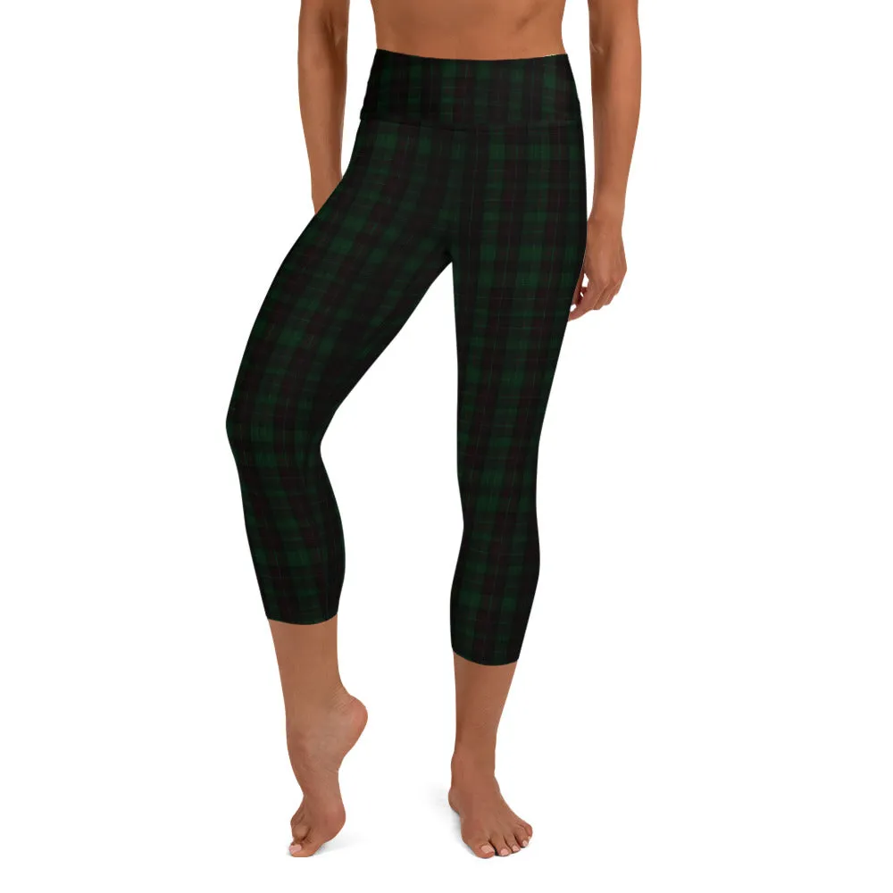 Dark Green Plaid Print Leggings, Women's Preppy Classic Yoga Capri Tights-Made in USA/EU