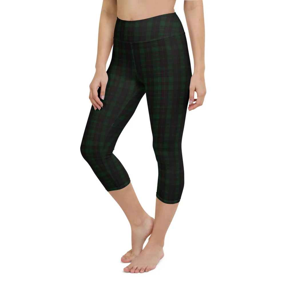 Dark Green Plaid Print Leggings, Women's Preppy Classic Yoga Capri Tights-Made in USA/EU