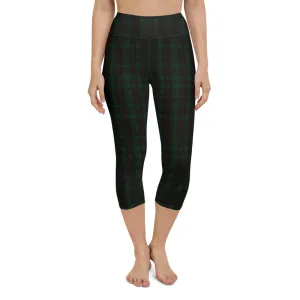 Dark Green Plaid Print Leggings, Women's Preppy Classic Yoga Capri Tights-Made in USA/EU