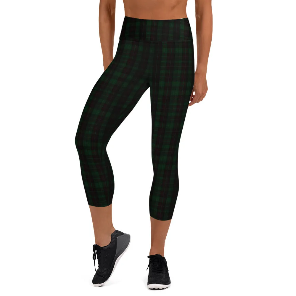 Dark Green Plaid Print Leggings, Women's Preppy Classic Yoga Capri Tights-Made in USA/EU