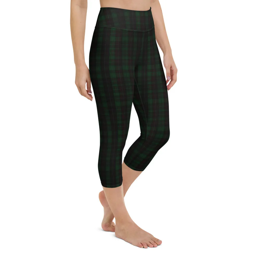 Dark Green Plaid Print Leggings, Women's Preppy Classic Yoga Capri Tights-Made in USA/EU