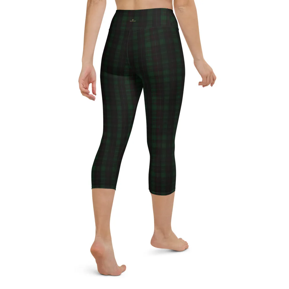 Dark Green Plaid Print Leggings, Women's Preppy Classic Yoga Capri Tights-Made in USA/EU