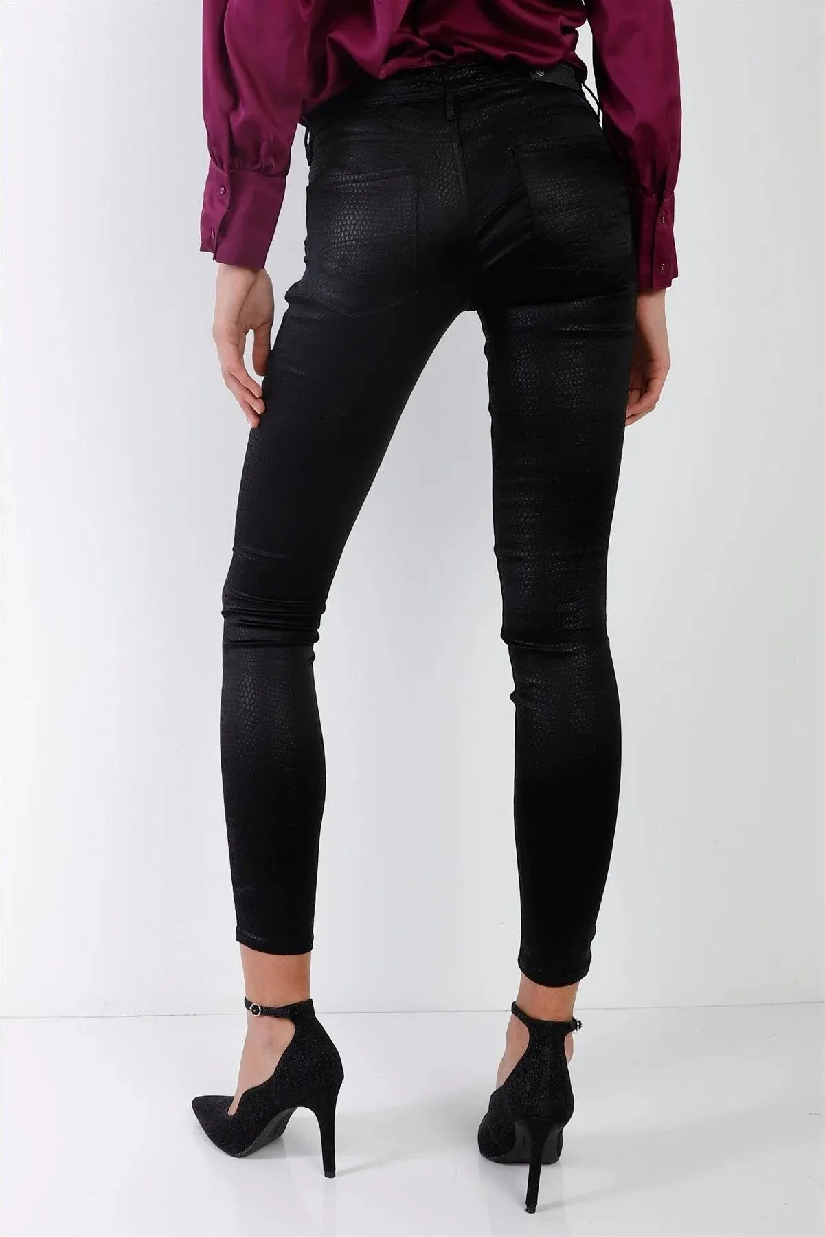 David Bitton Black Snake Pressed Print Glossy Low Rise Skinny Pants