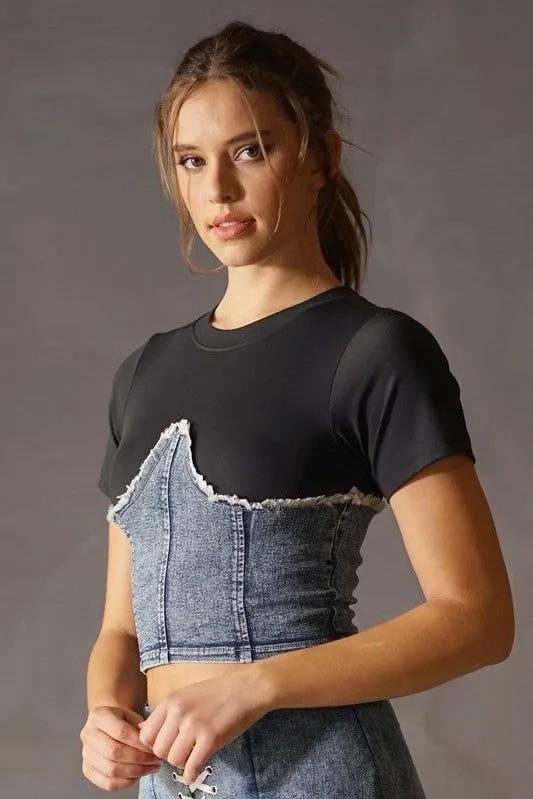 Denim Corset Attached Top - Black