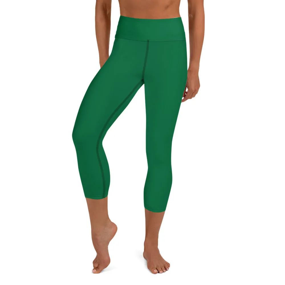 Designer Green Yoga Capri Leggings, Solid Color Women's Workout Gym Tights-Made in USA/EU/MX