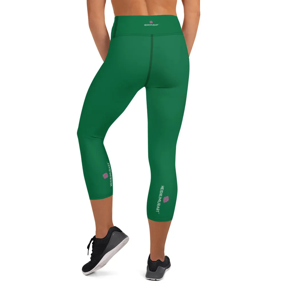 Designer Green Yoga Capri Leggings, Solid Color Women's Workout Gym Tights-Made in USA/EU/MX