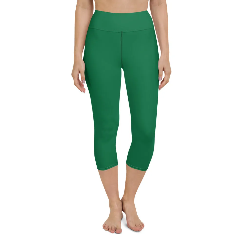 Designer Green Yoga Capri Leggings, Solid Color Women's Workout Gym Tights-Made in USA/EU/MX