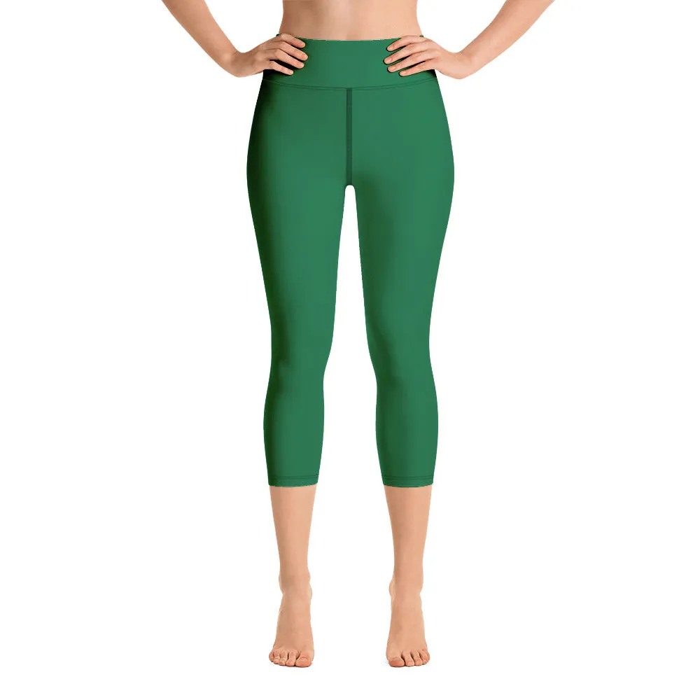 Designer Green Yoga Capri Leggings, Solid Color Women's Workout Gym Tights-Made in USA/EU/MX