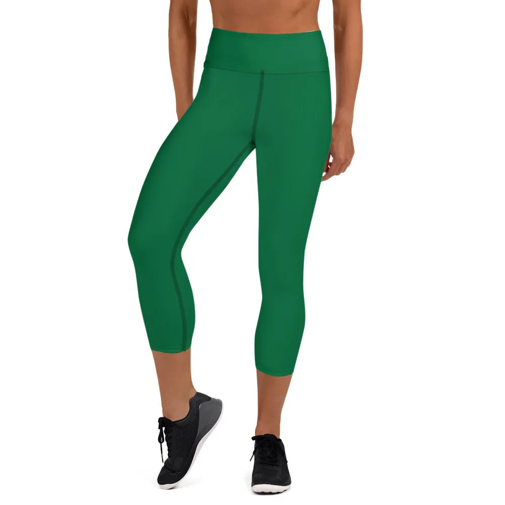 Designer Green Yoga Capri Leggings, Solid Color Women's Workout Gym Tights-Made in USA/EU/MX