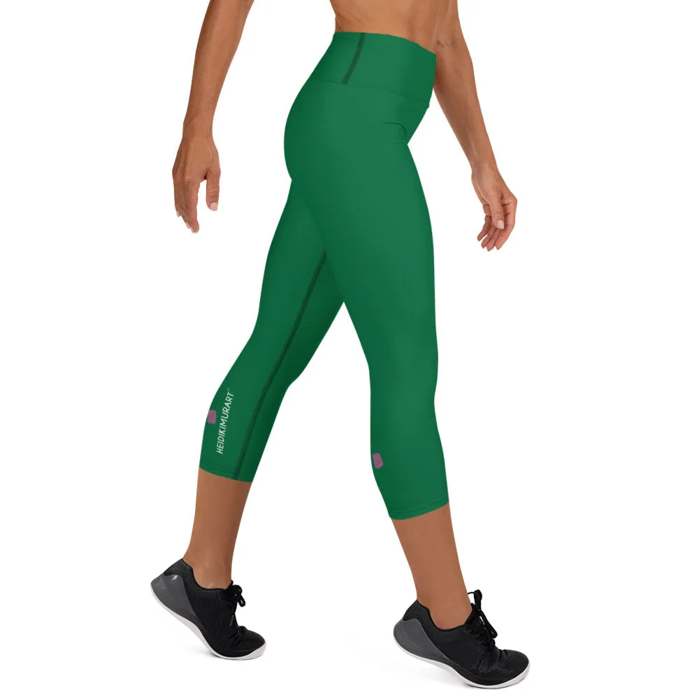 Designer Green Yoga Capri Leggings, Solid Color Women's Workout Gym Tights-Made in USA/EU/MX