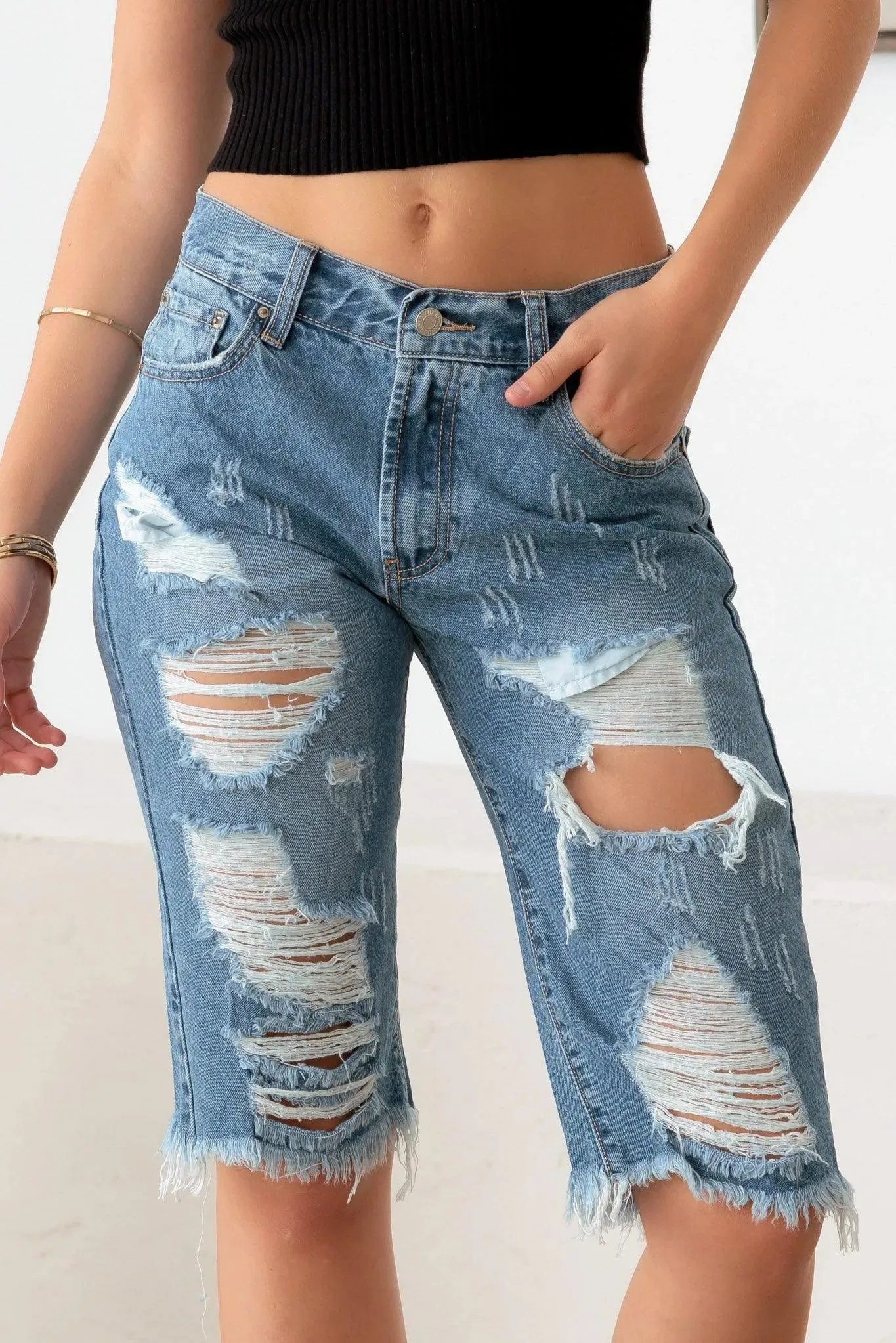 Destroyed Frayed Hem Denim Capri Shorts