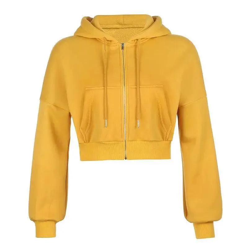 Drawstring Active Full Zip Up Hoodie - Yellow