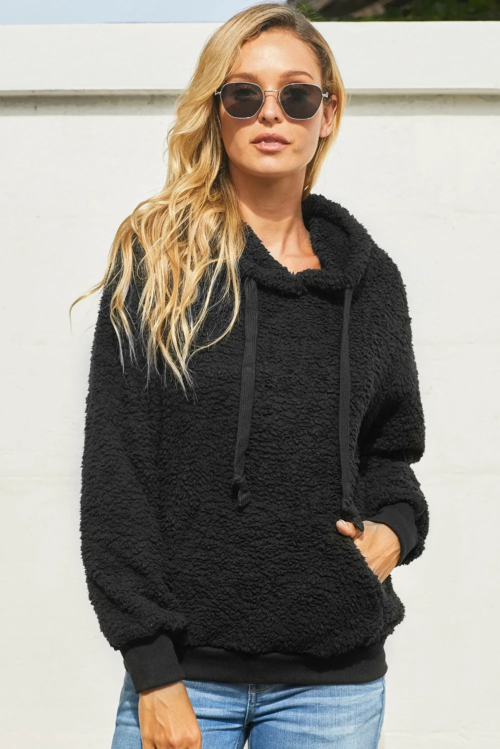 Drawstring Sherpa Hoodie with Pocket