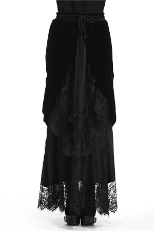 Female Velvet Gothic Maxi Skirt with Lace Trim