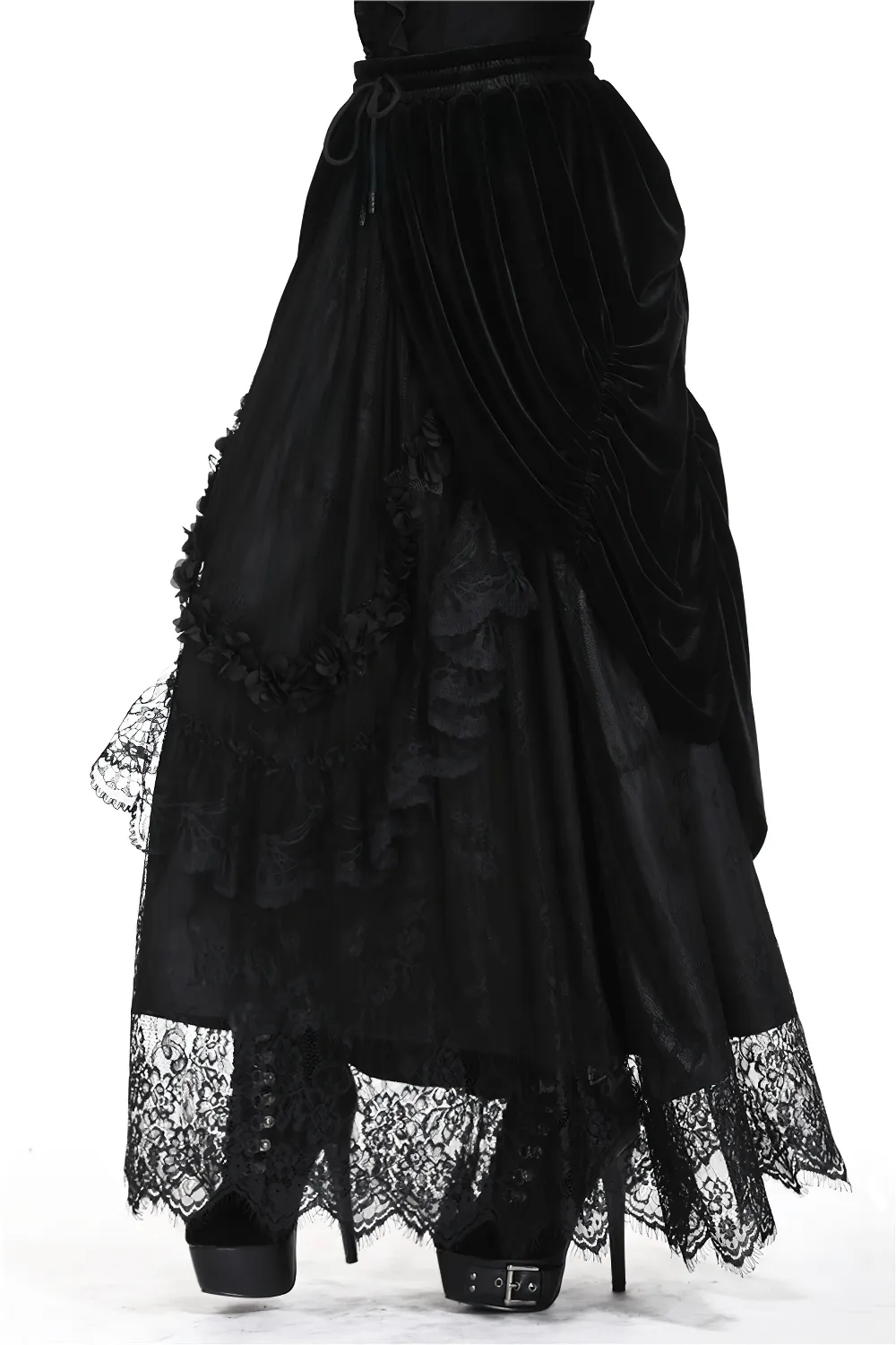 Female Velvet Gothic Maxi Skirt with Lace Trim