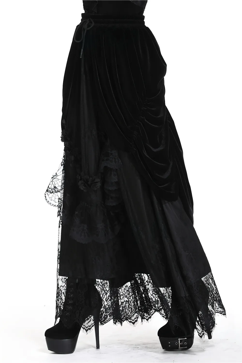 Female Velvet Gothic Maxi Skirt with Lace Trim