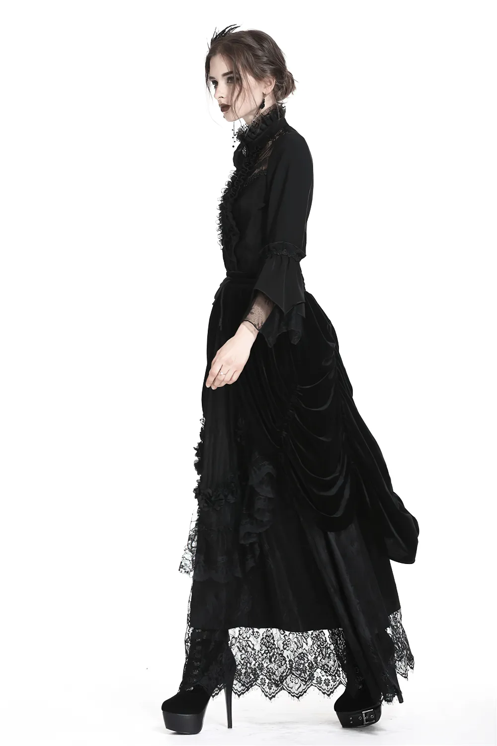 Female Velvet Gothic Maxi Skirt with Lace Trim