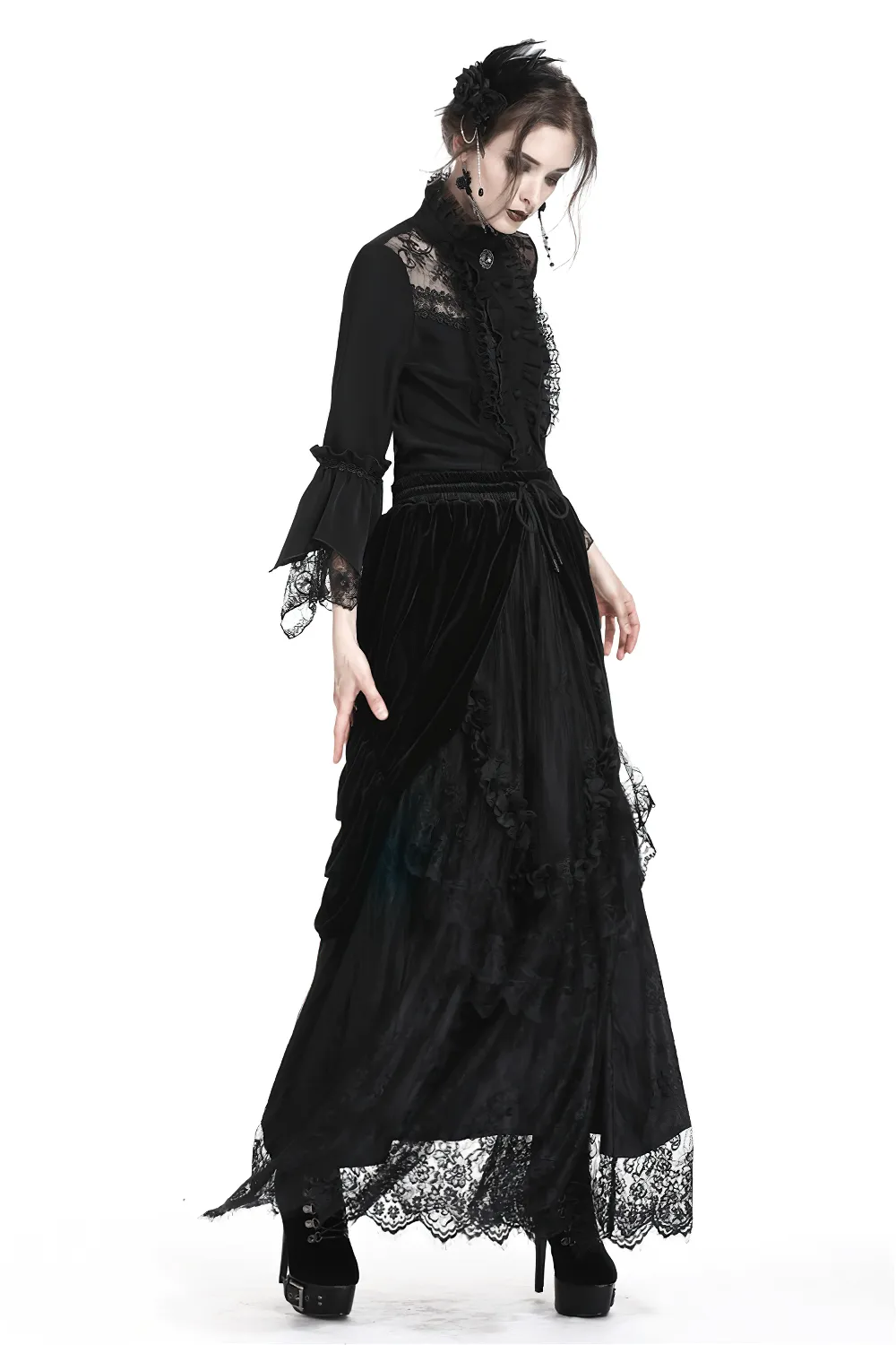 Female Velvet Gothic Maxi Skirt with Lace Trim