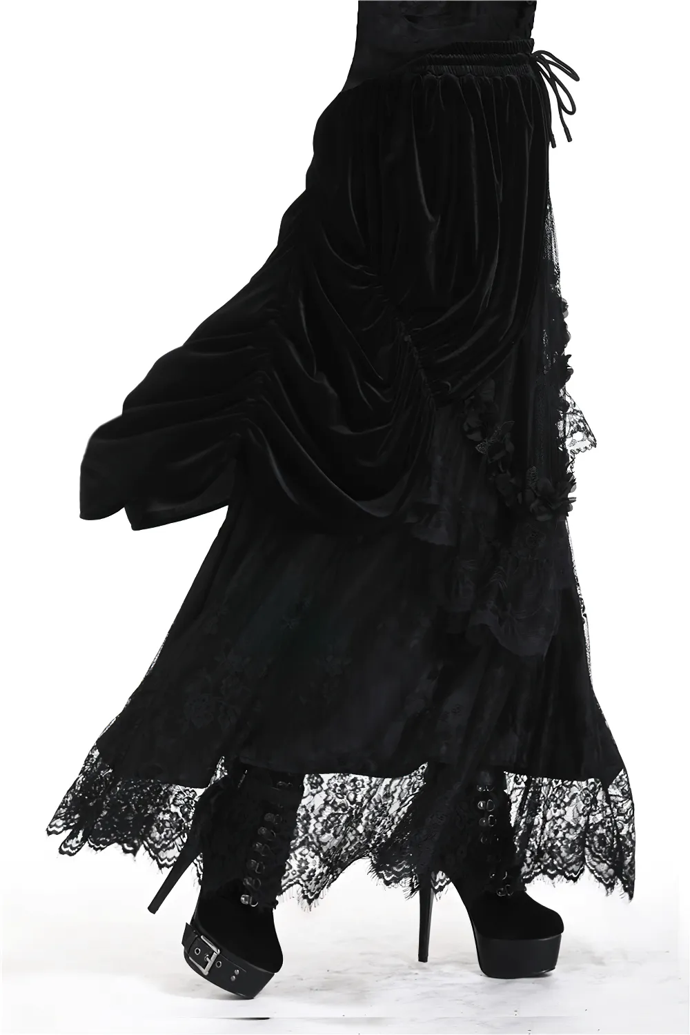 Female Velvet Gothic Maxi Skirt with Lace Trim