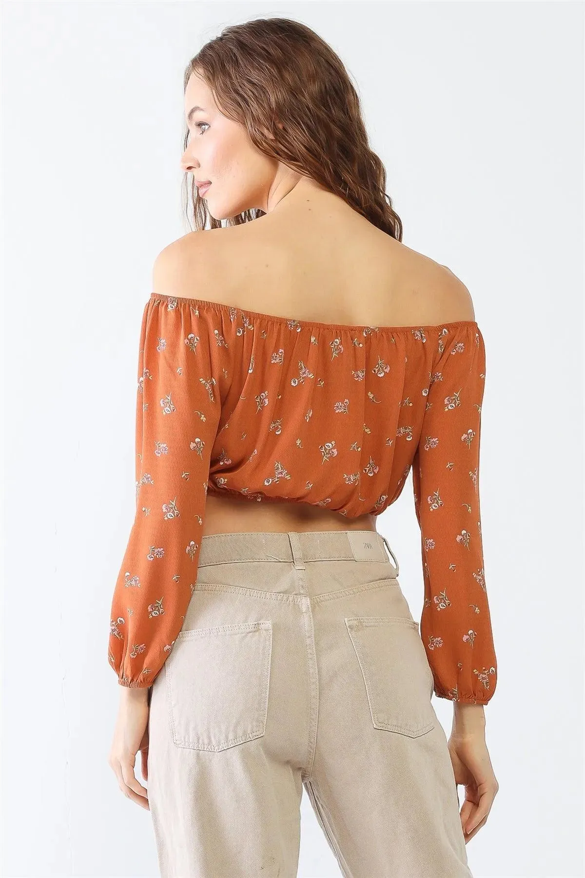 Floral Off-The-Shoulder Long Sleeve Ruched Crop Top