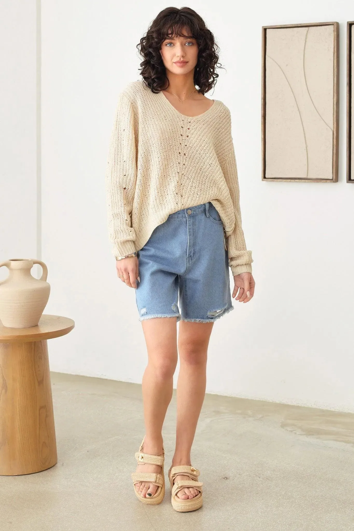 Four Pocket Frayed Hem Denim Shorts