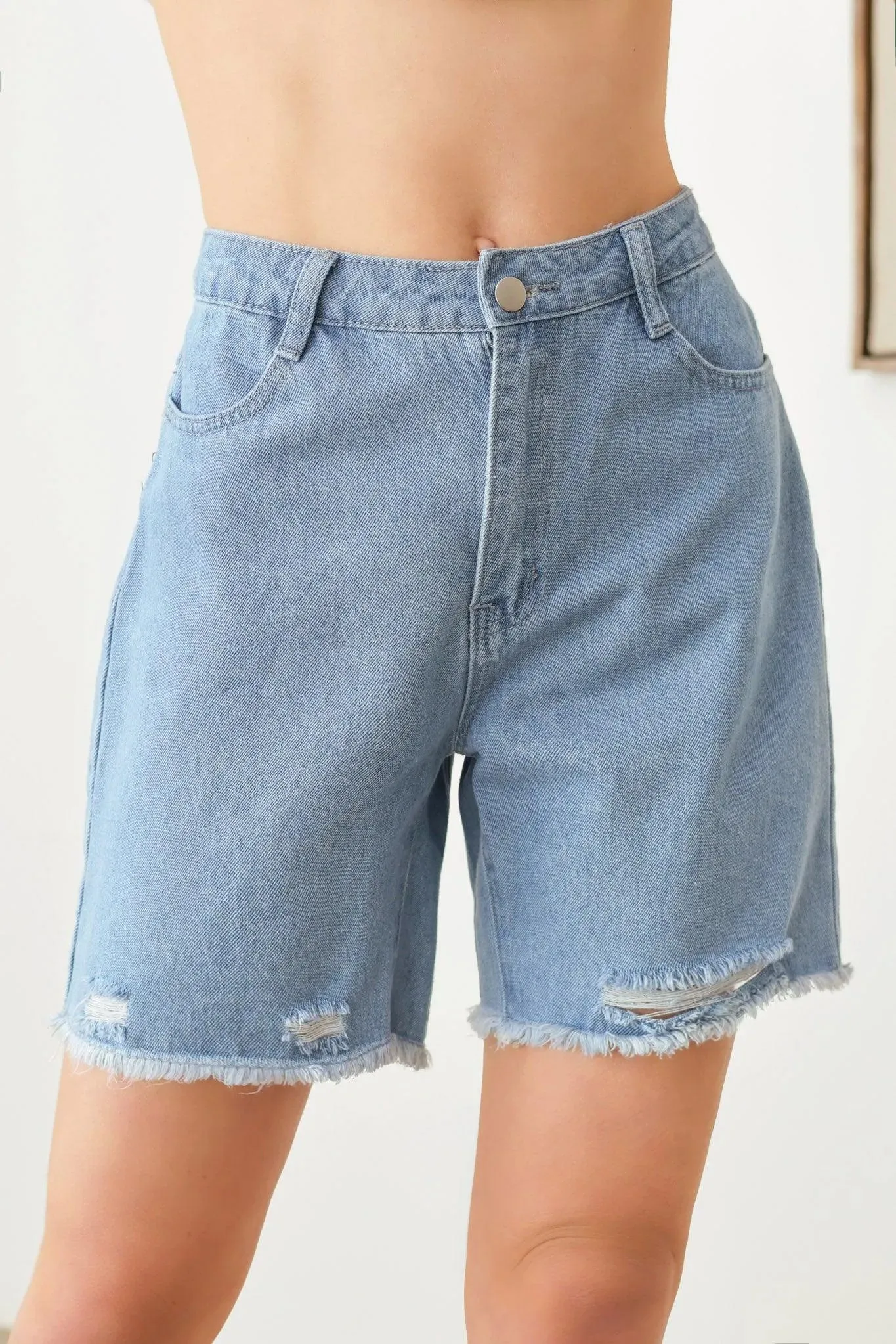 Four Pocket Frayed Hem Denim Shorts