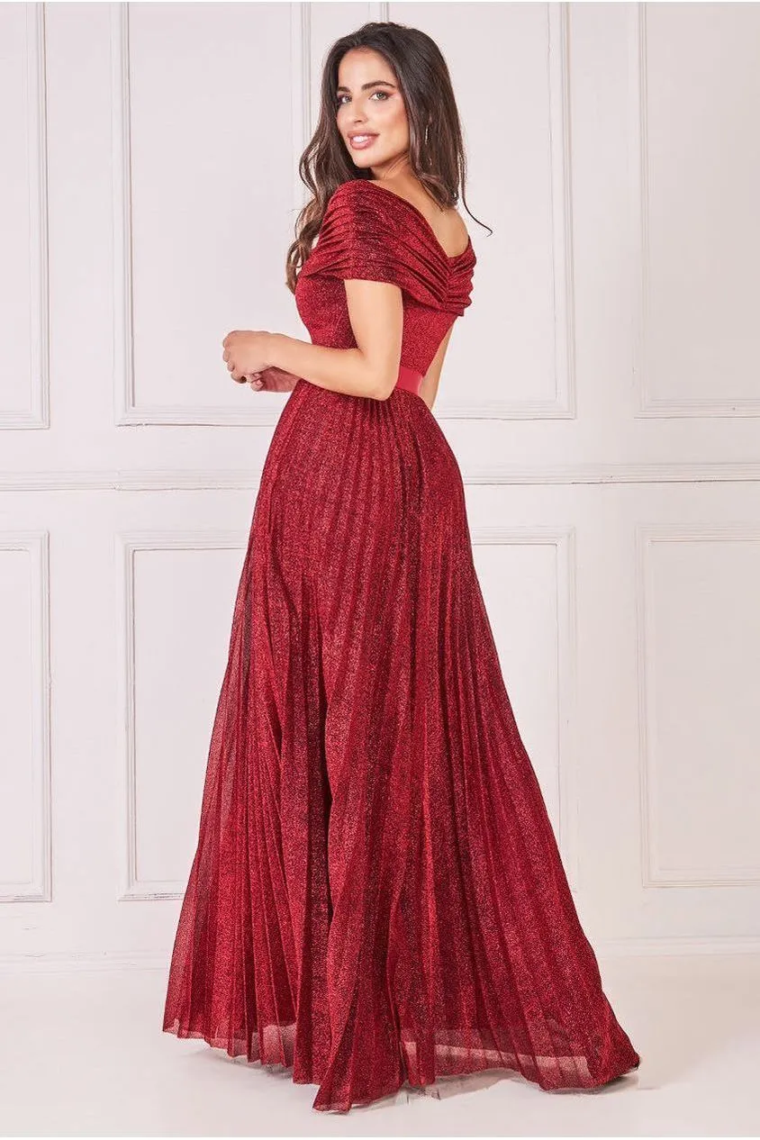 Goddiva Bardot Pleated Skirt Maxi Dress - Wine