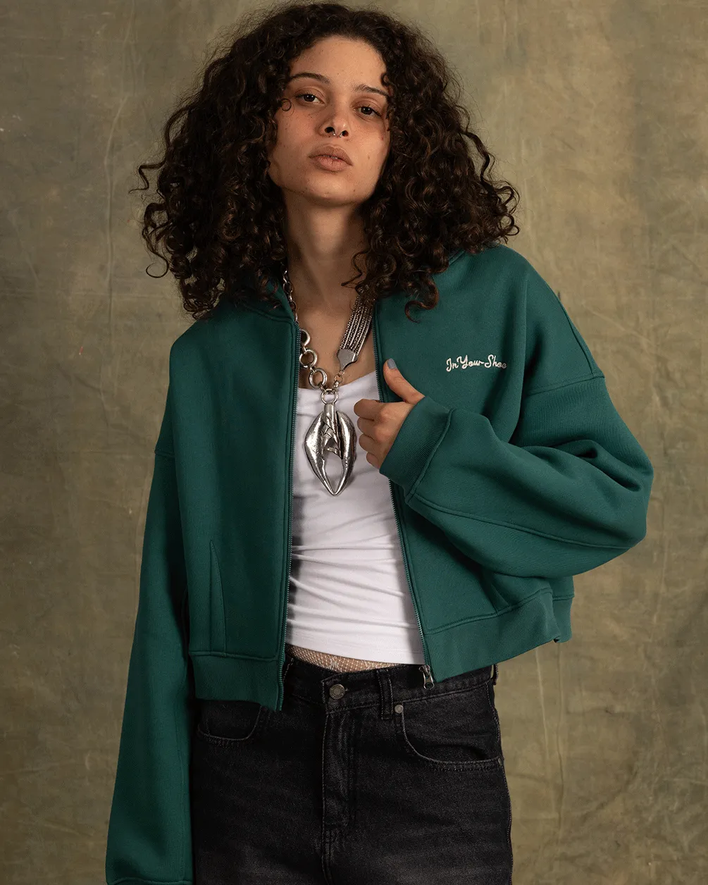 Green Cropped Oversized Zip-Up Hoodie