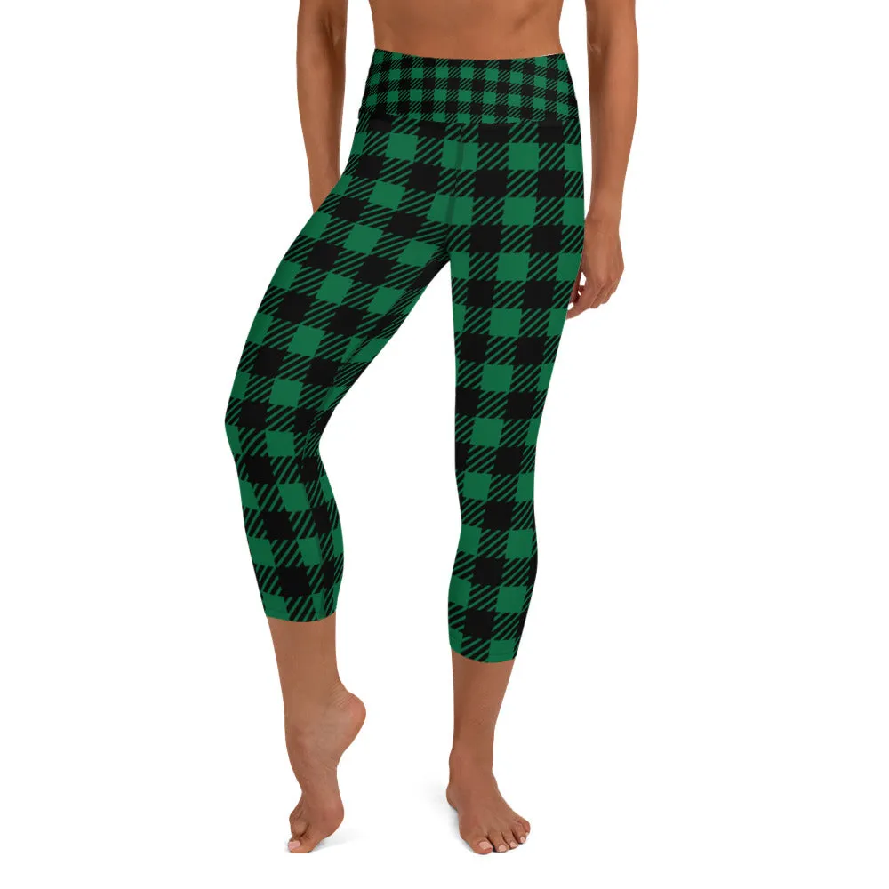 Green Plaid Printed Capris Tights, Buffalo Plaid Print Best Designer Women's Yoga Capri Leggings