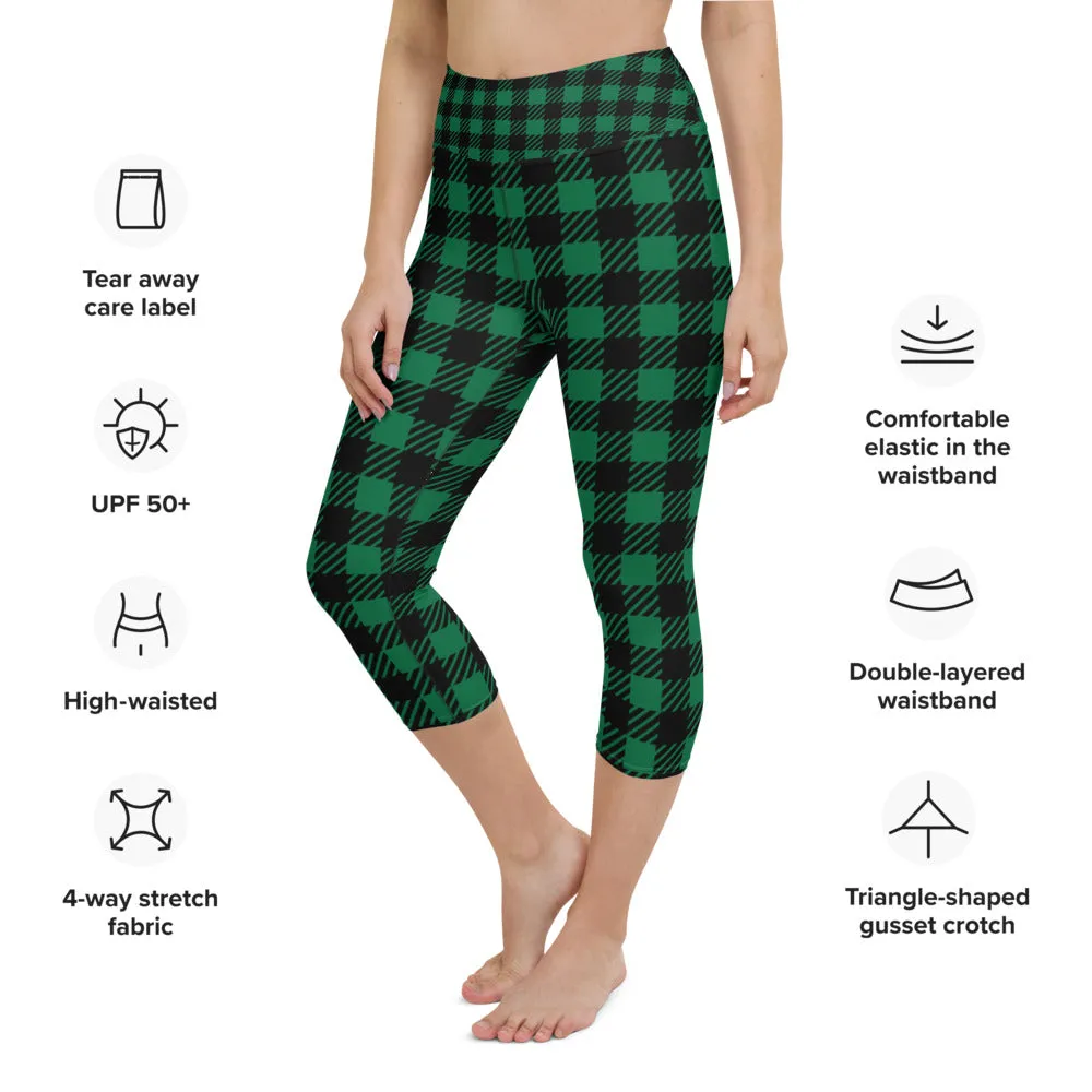 Green Plaid Printed Capris Tights, Buffalo Plaid Print Best Designer Women's Yoga Capri Leggings