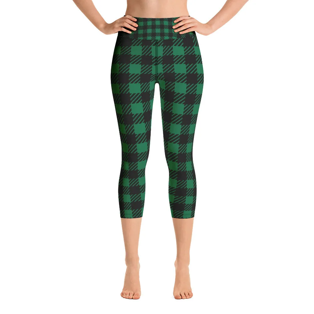 Green Plaid Printed Capris Tights, Buffalo Plaid Print Best Designer Women's Yoga Capri Leggings