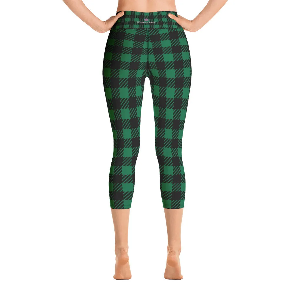 Green Plaid Printed Capris Tights, Buffalo Plaid Print Best Designer Women's Yoga Capri Leggings