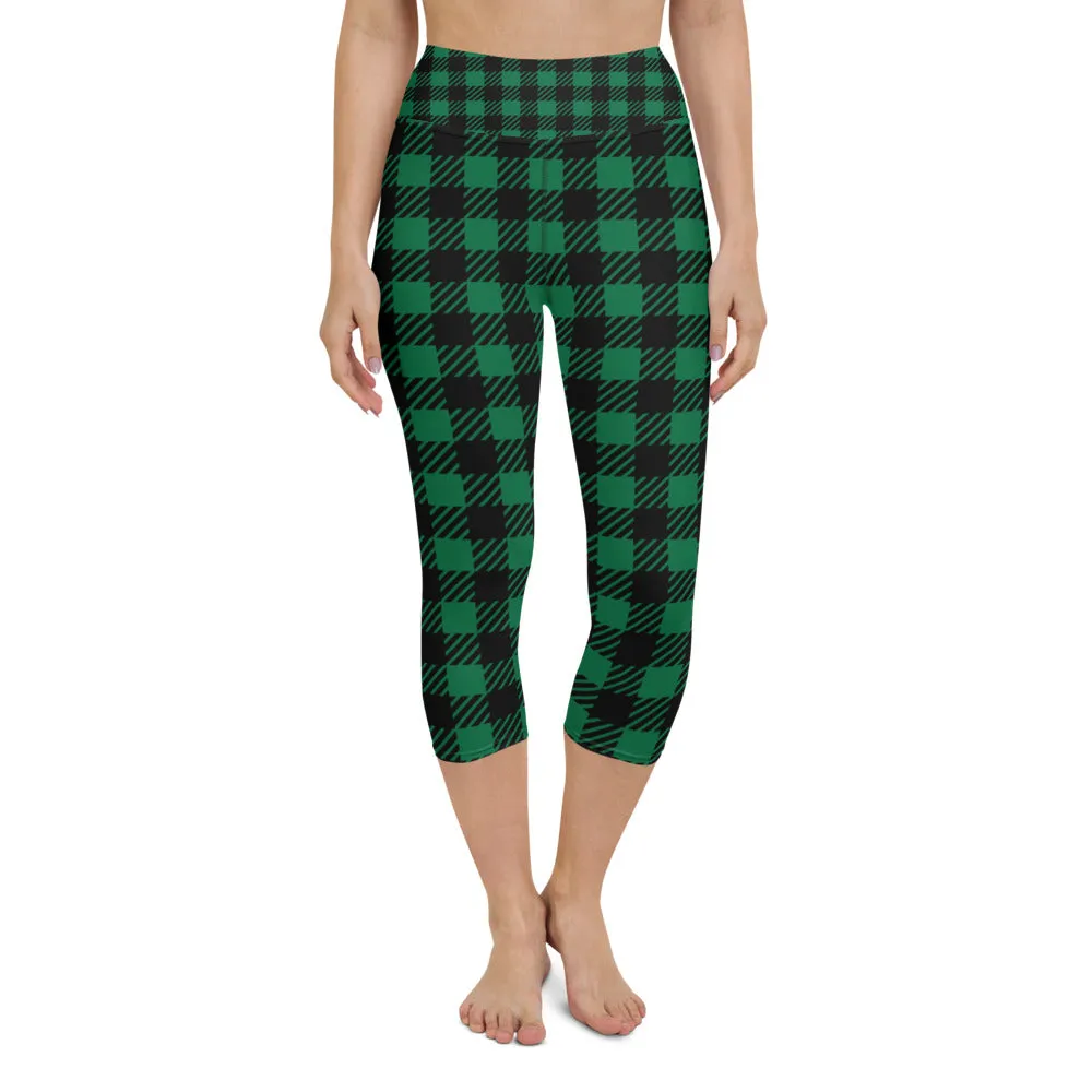 Green Plaid Printed Capris Tights, Buffalo Plaid Print Best Designer Women's Yoga Capri Leggings