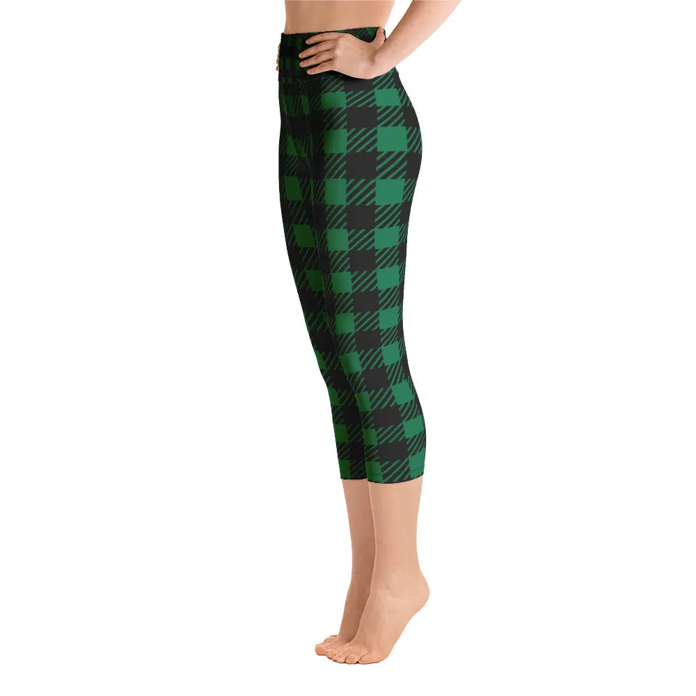 Green Plaid Printed Capris Tights, Buffalo Plaid Print Best Designer Women's Yoga Capri Leggings