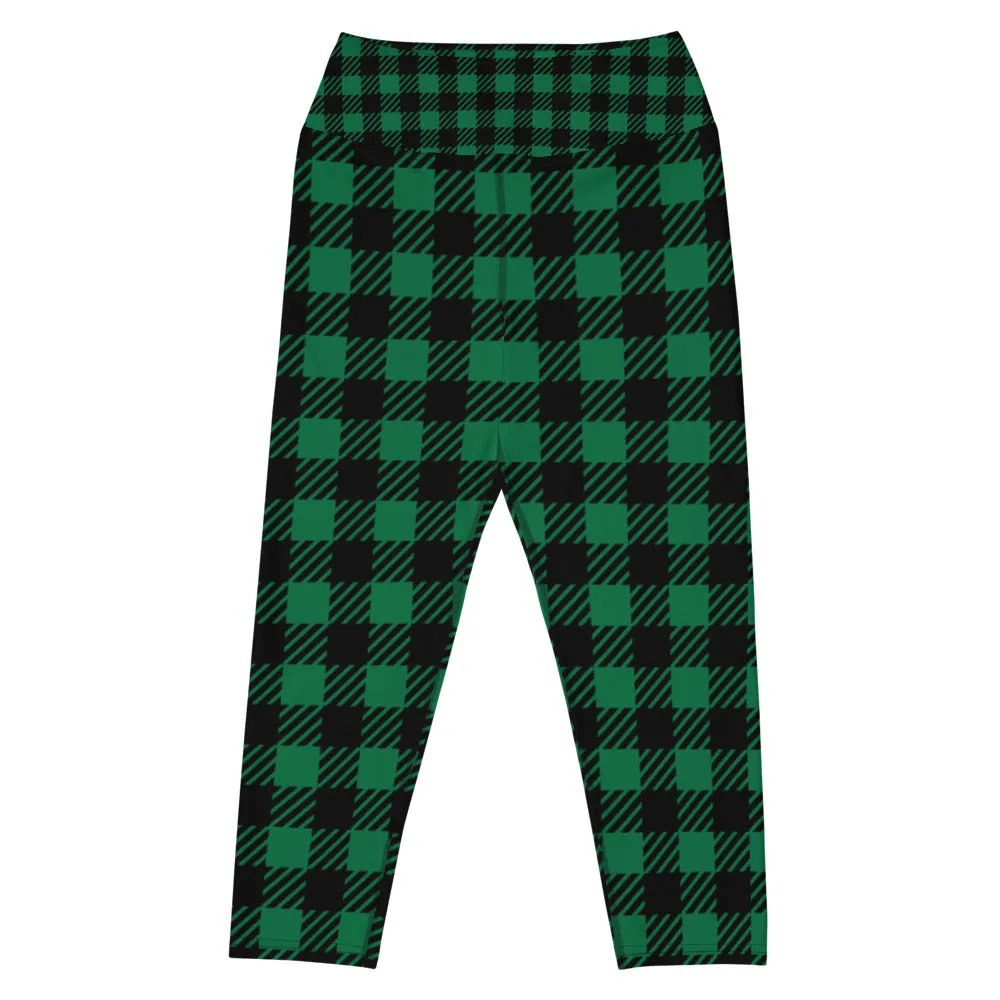 Green Plaid Printed Capris Tights, Buffalo Plaid Print Best Designer Women's Yoga Capri Leggings