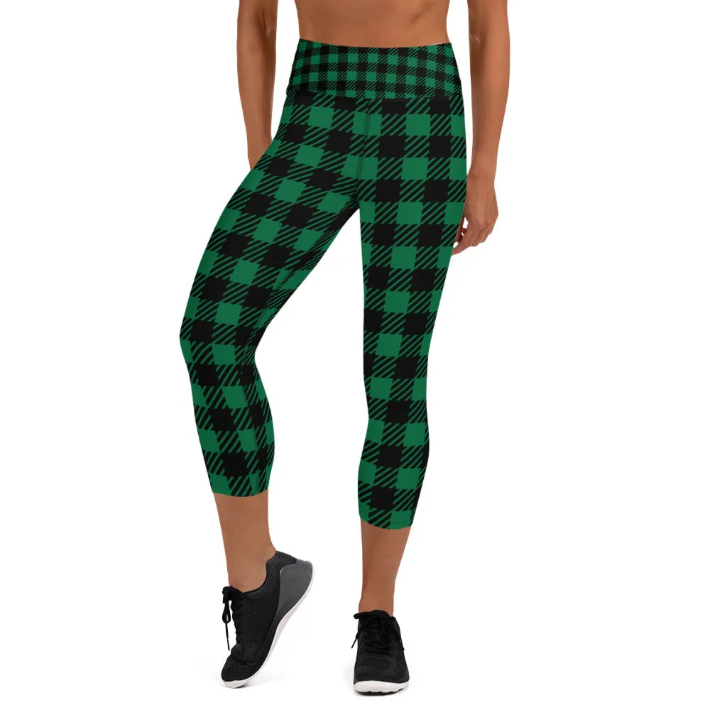 Green Plaid Printed Capris Tights, Buffalo Plaid Print Best Designer Women's Yoga Capri Leggings