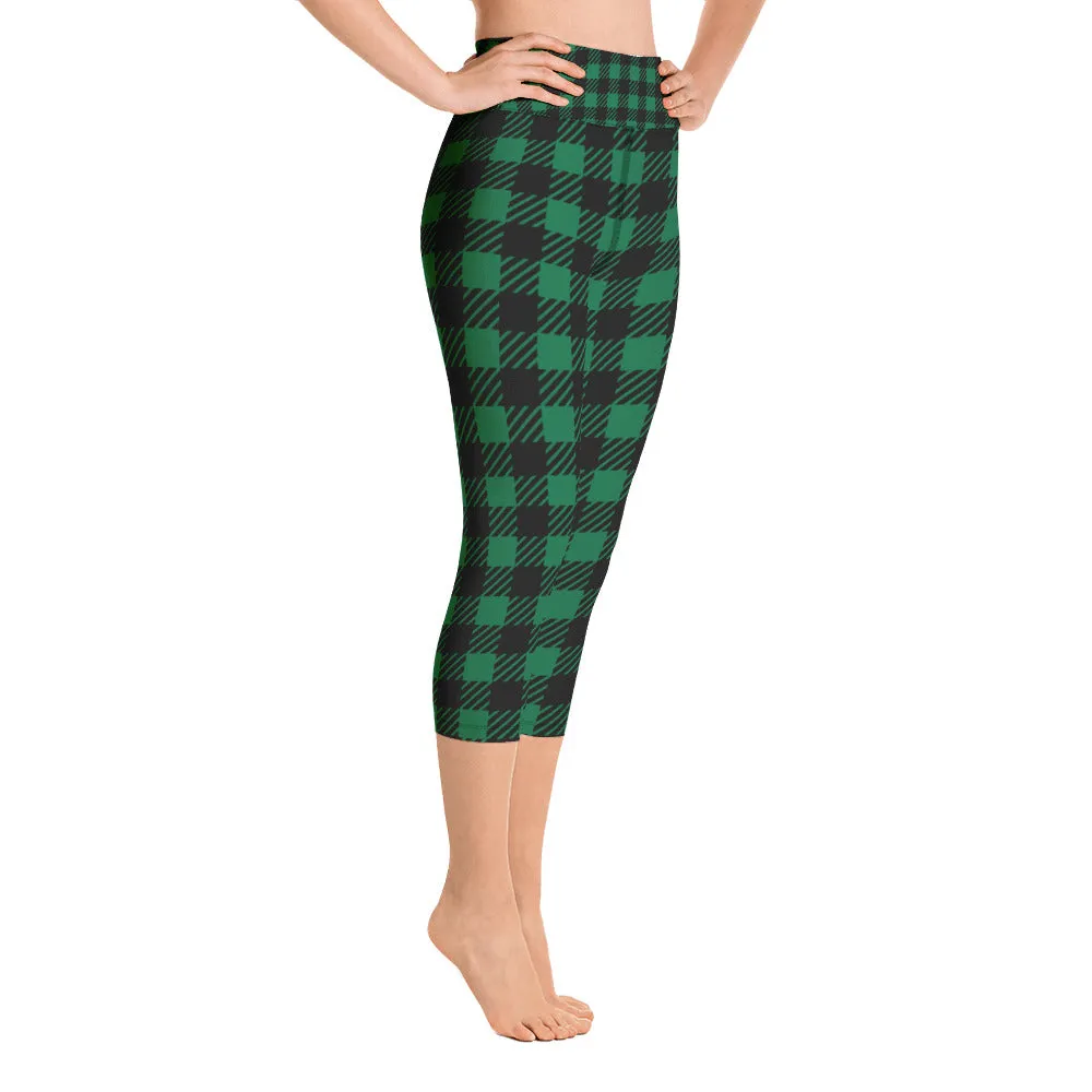 Green Plaid Printed Capris Tights, Buffalo Plaid Print Best Designer Women's Yoga Capri Leggings