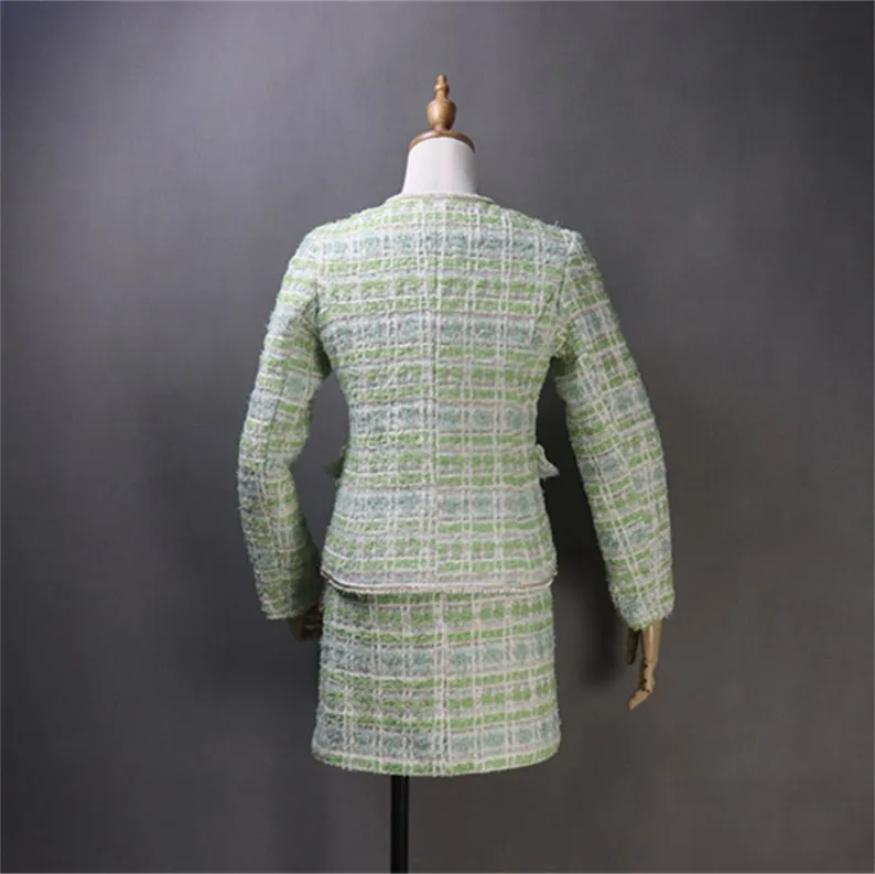 Green Tweed Jacket Coat Blazer with Chain Decor