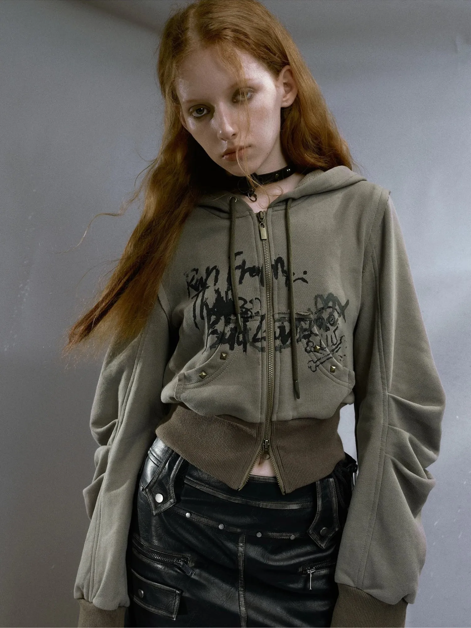 Grunge Ruched Sleeve Hoodie