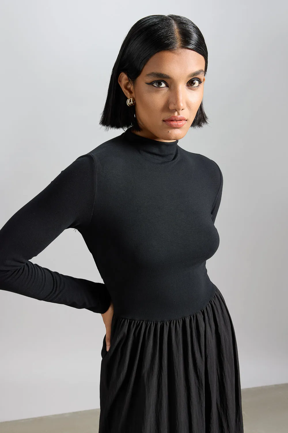 High Neck Black Midi Flared Dress