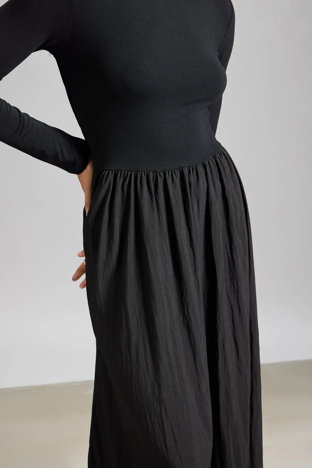 High Neck Black Midi Flared Dress