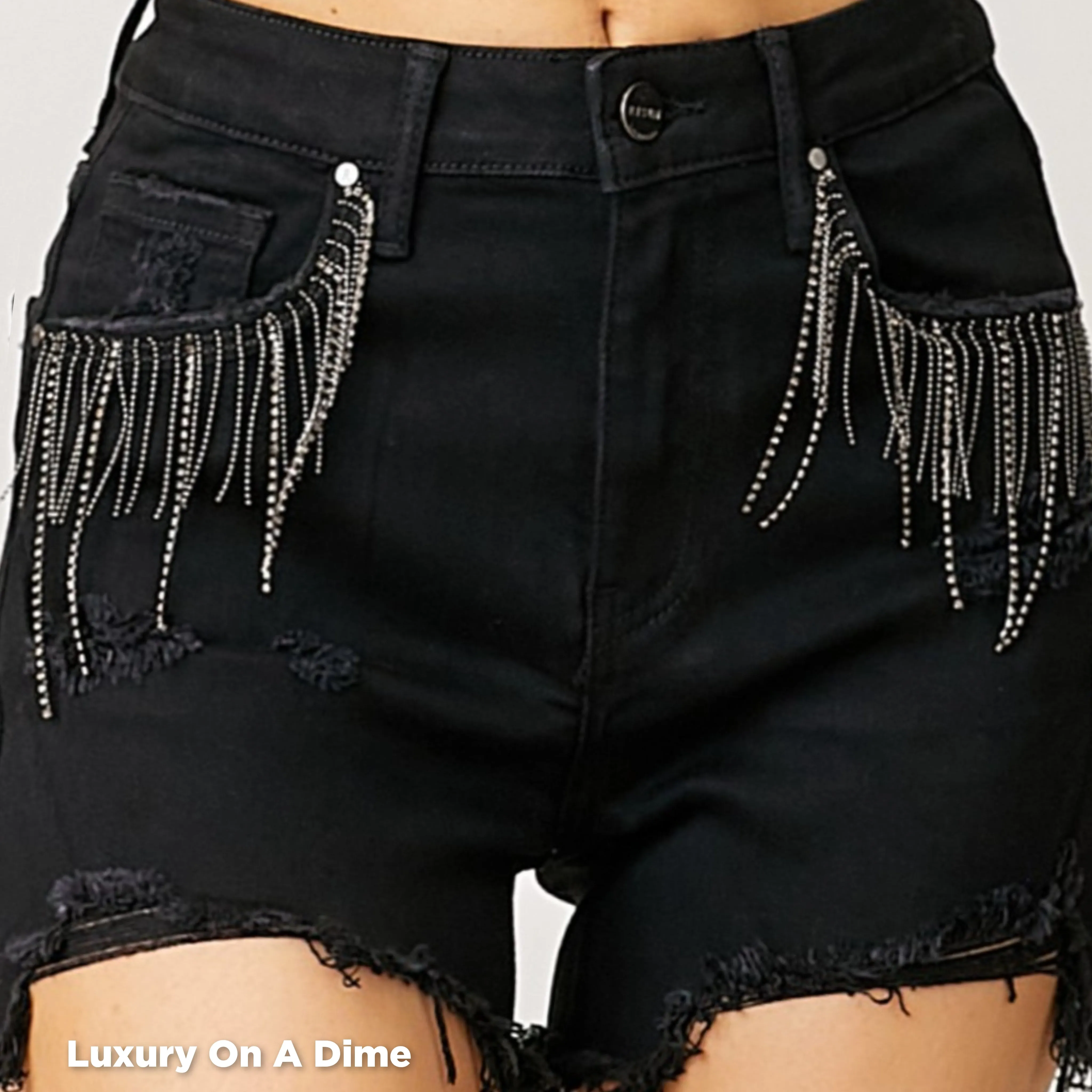 High-Rise Rhinestone Chain Fringe Distressed Jean Torn Cut-Off Denim RISEN Shorts