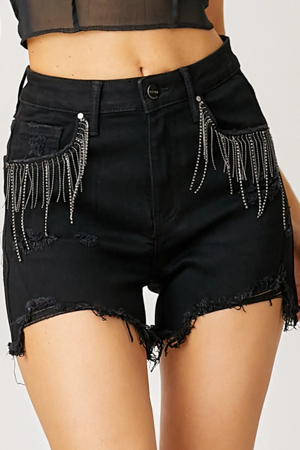 High-Rise Rhinestone Chain Fringe Distressed Jean Torn Cut-Off Denim RISEN Shorts