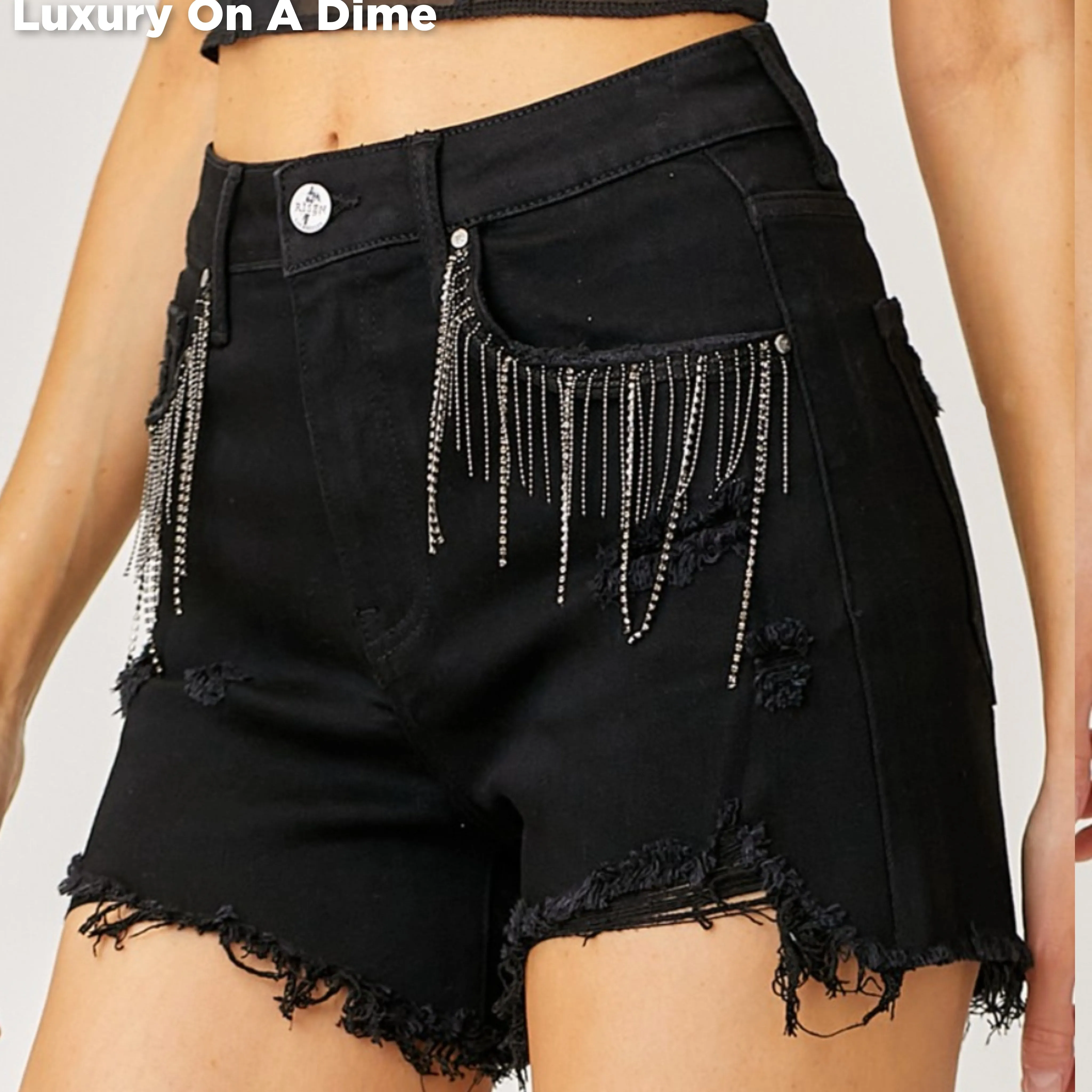 High-Rise Rhinestone Chain Fringe Distressed Jean Torn Cut-Off Denim RISEN Shorts