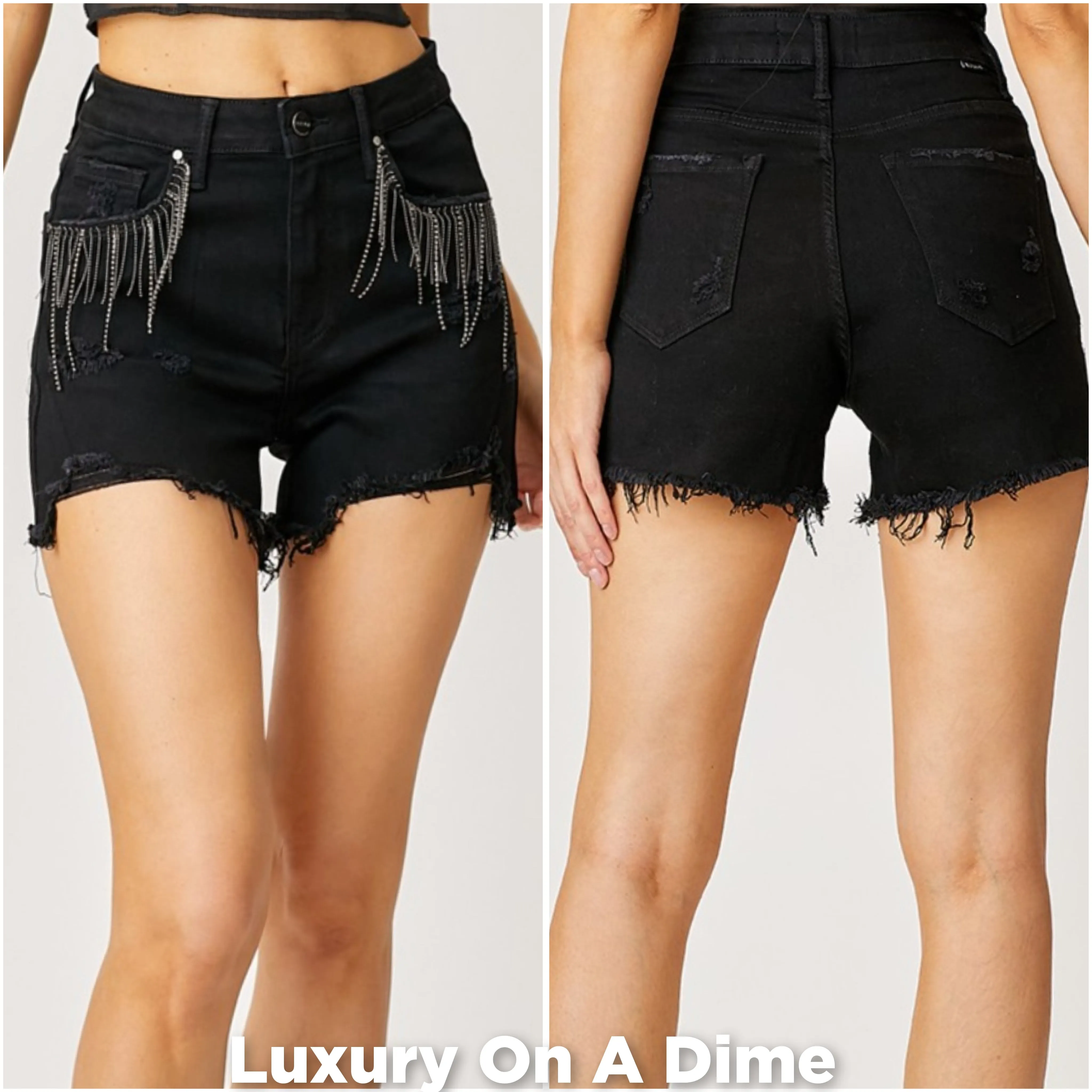 High-Rise Rhinestone Chain Fringe Distressed Jean Torn Cut-Off Denim RISEN Shorts