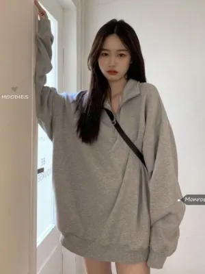 Korean Gray Oversized Sweatshirts Women Harajuku Zip Up Hoodie Vintage Loose Casual Polo Collar Pullover Tops