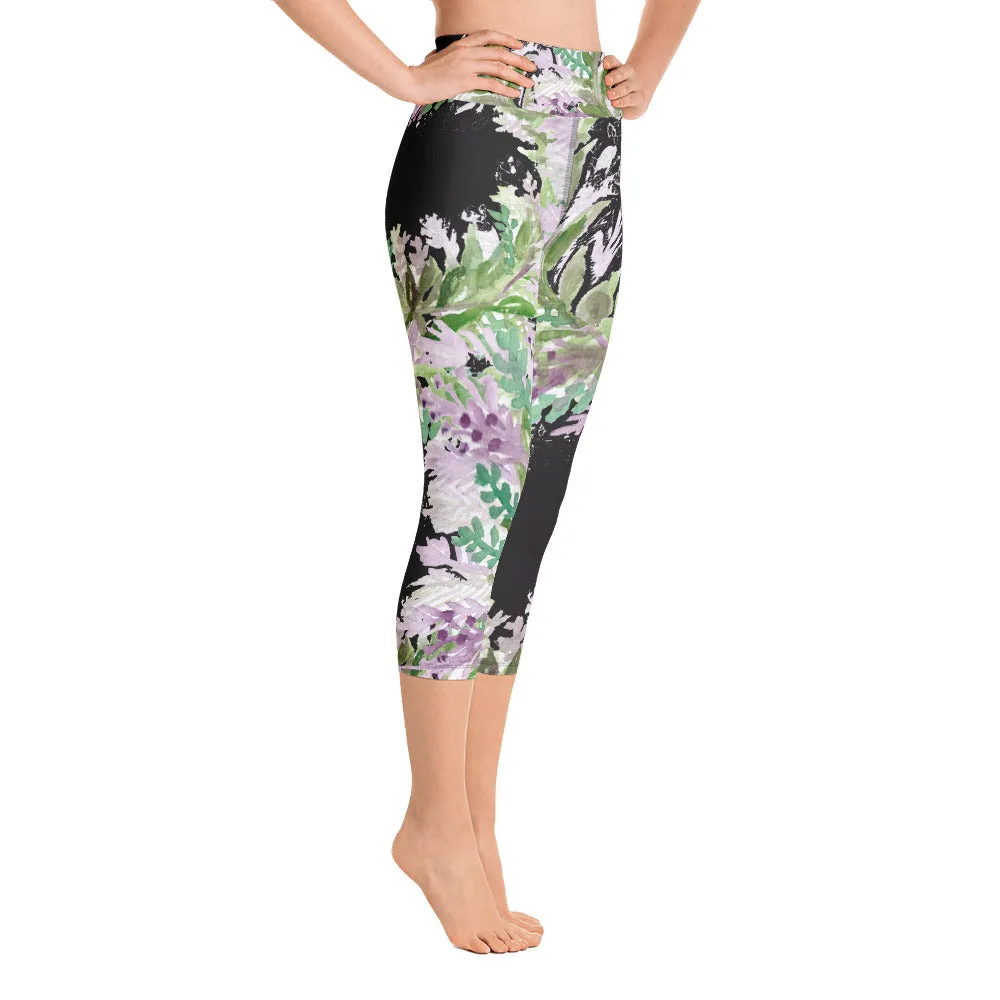 Lavender Floral Capri Leggings, Purple French Floral Yoga Capris Tights-Made in USA/EU