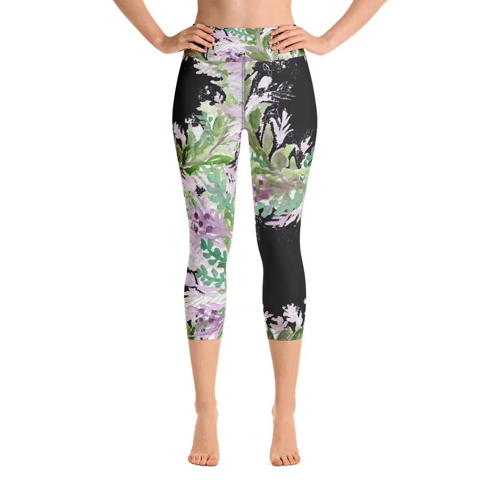 Lavender Floral Capri Leggings, Purple French Floral Yoga Capris Tights-Made in USA/EU