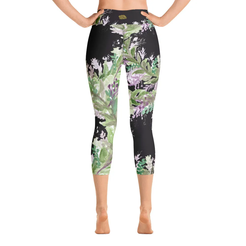 Lavender Floral Capri Leggings, Purple French Floral Yoga Capris Tights-Made in USA/EU