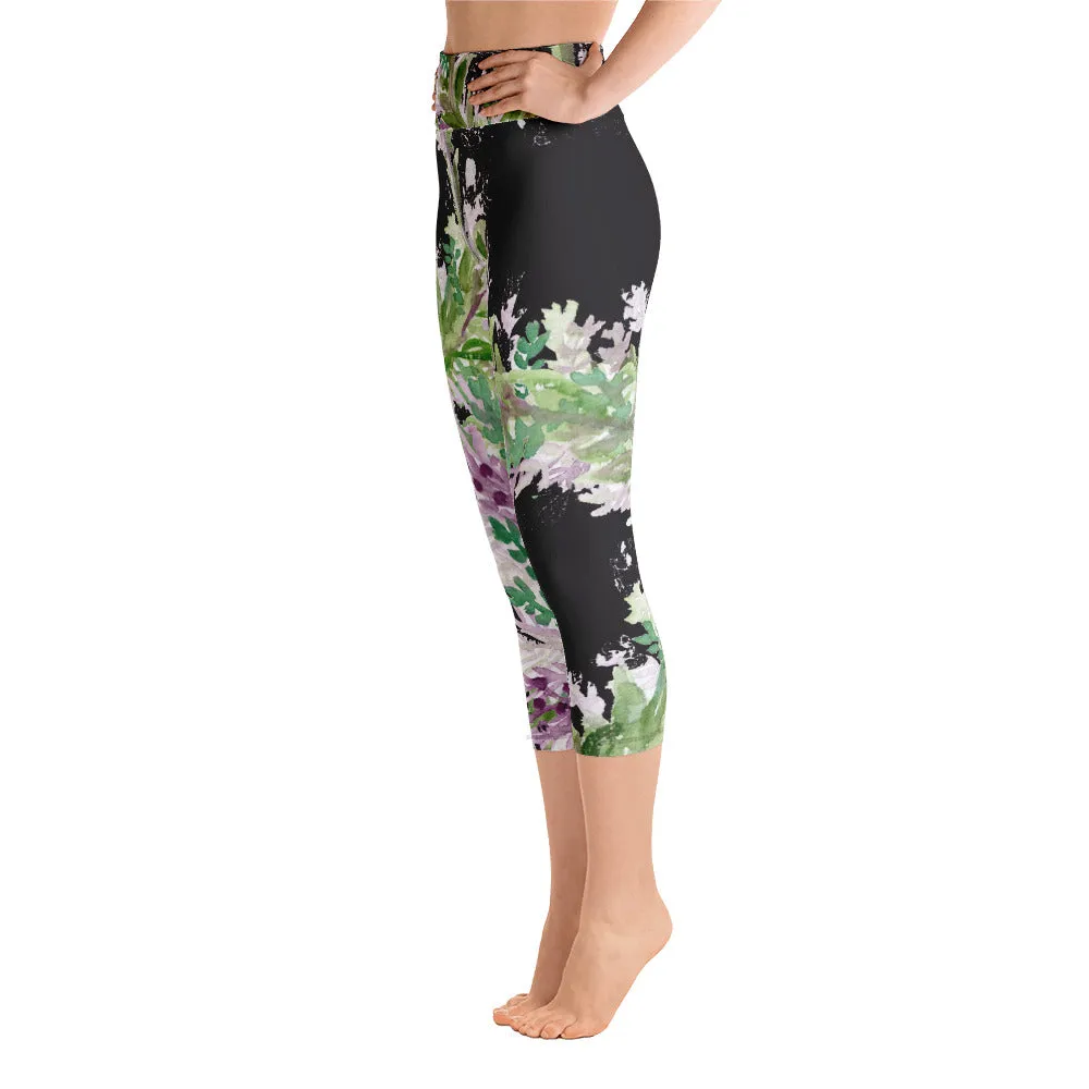 Lavender Floral Capri Leggings, Purple French Floral Yoga Capris Tights-Made in USA/EU